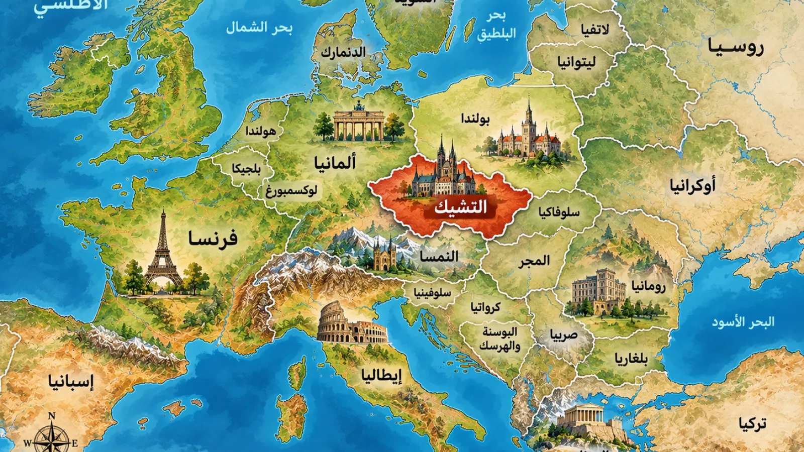 خريطة التشيك في أوروبا الوسطى ضمن دليل يوضح موقعها وحدودها والدول المجاورة